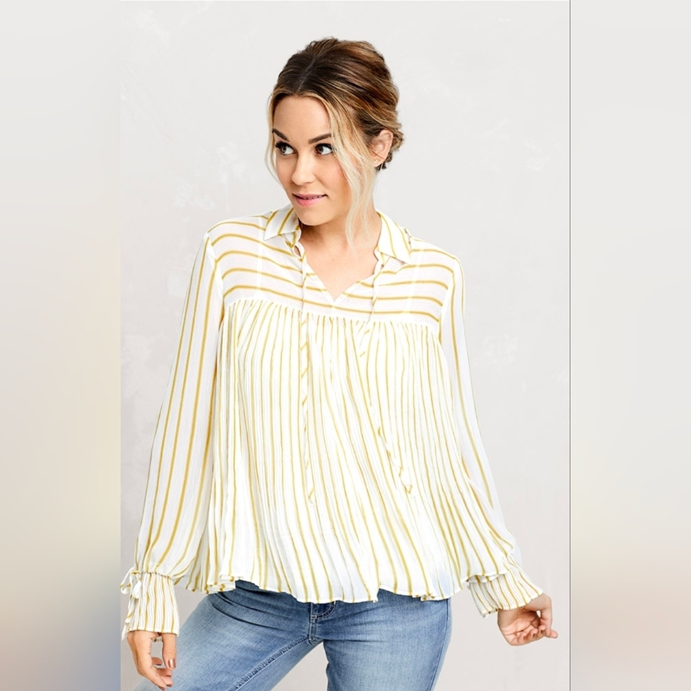 LC Lauren Conrad Pleated Chiffon Shear Marigold and Cream Striped Blouse Large - Picture 2 of 7